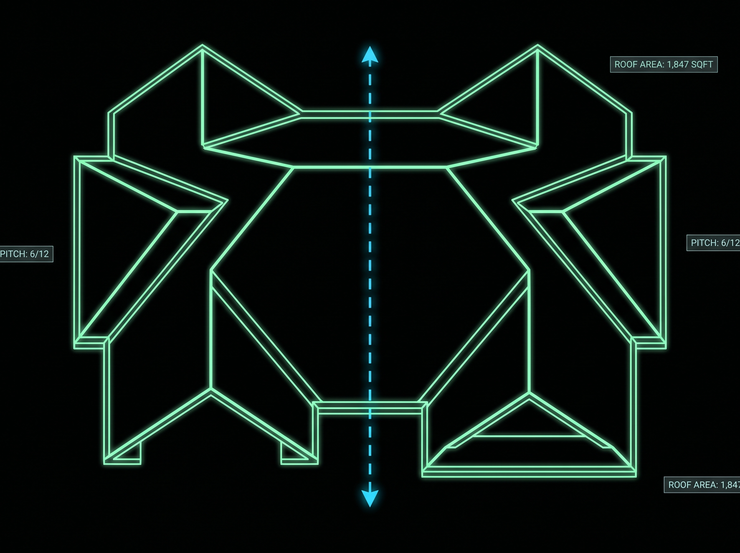 Neon-green wireframe roof diagram with pitch and roof area annotations, ready for PDF export